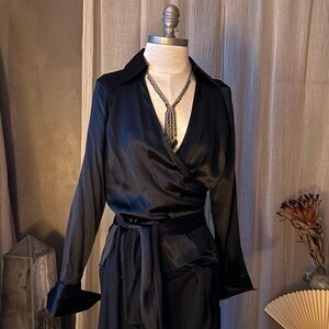 Vintage 100% silk wrap long sleeve blouse top shirt side sash tie collared